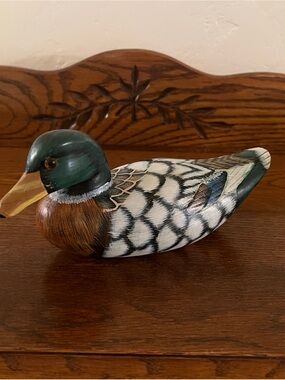 Hand-Painted Wooden Duck Decoy in Green, Brown, White